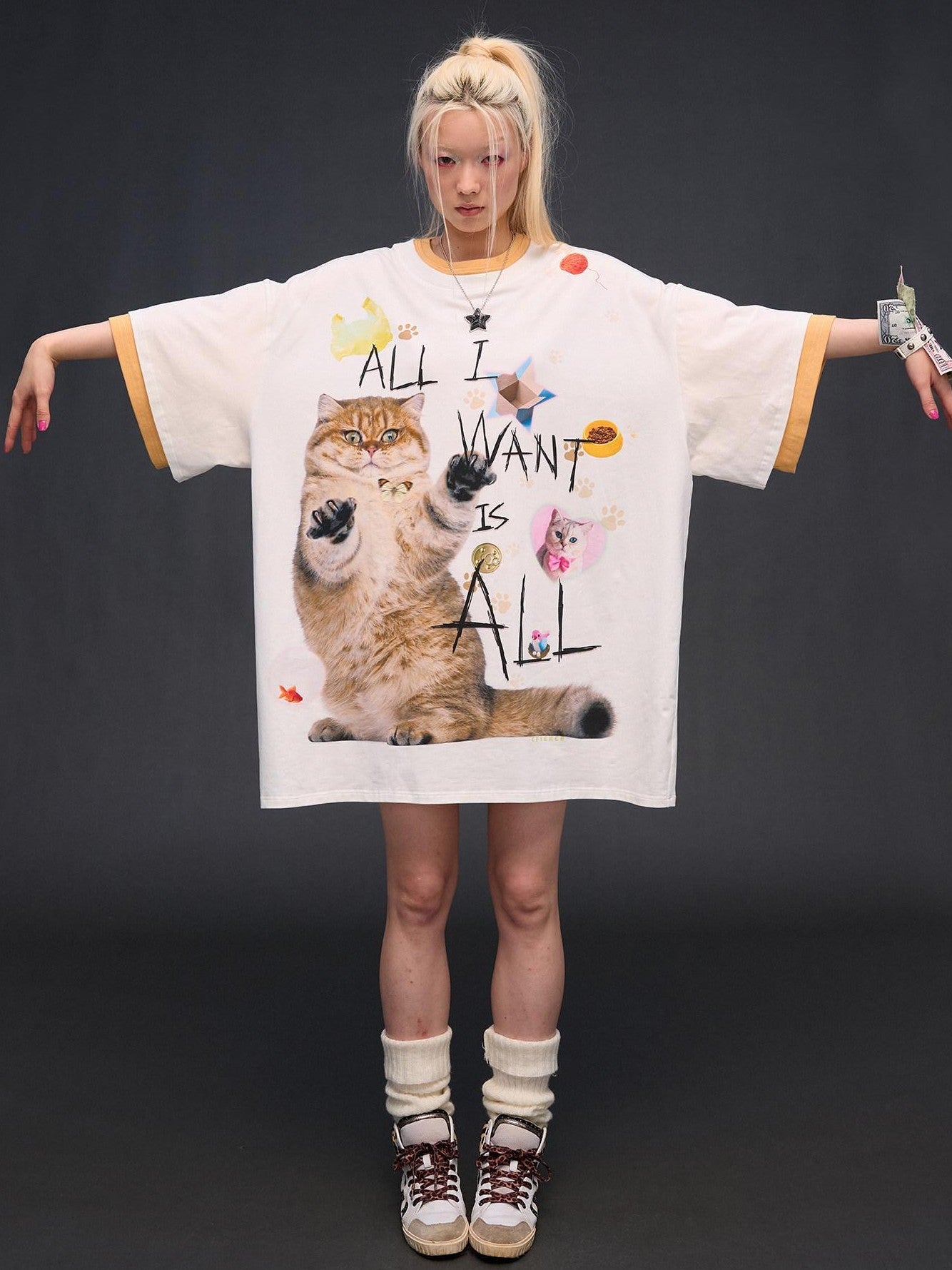 CFIERCE Cat Print Drop Shoulder Women&