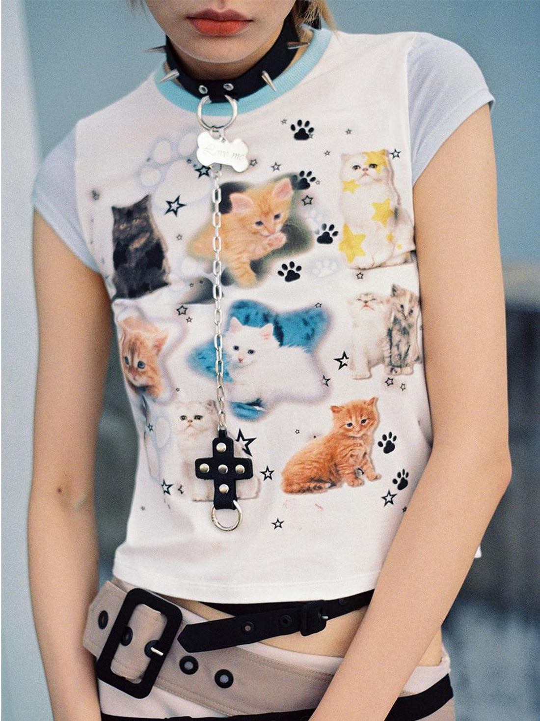 CFIERCE Cat Print Love Me Tee V Neck T Shirt Long Sleeve