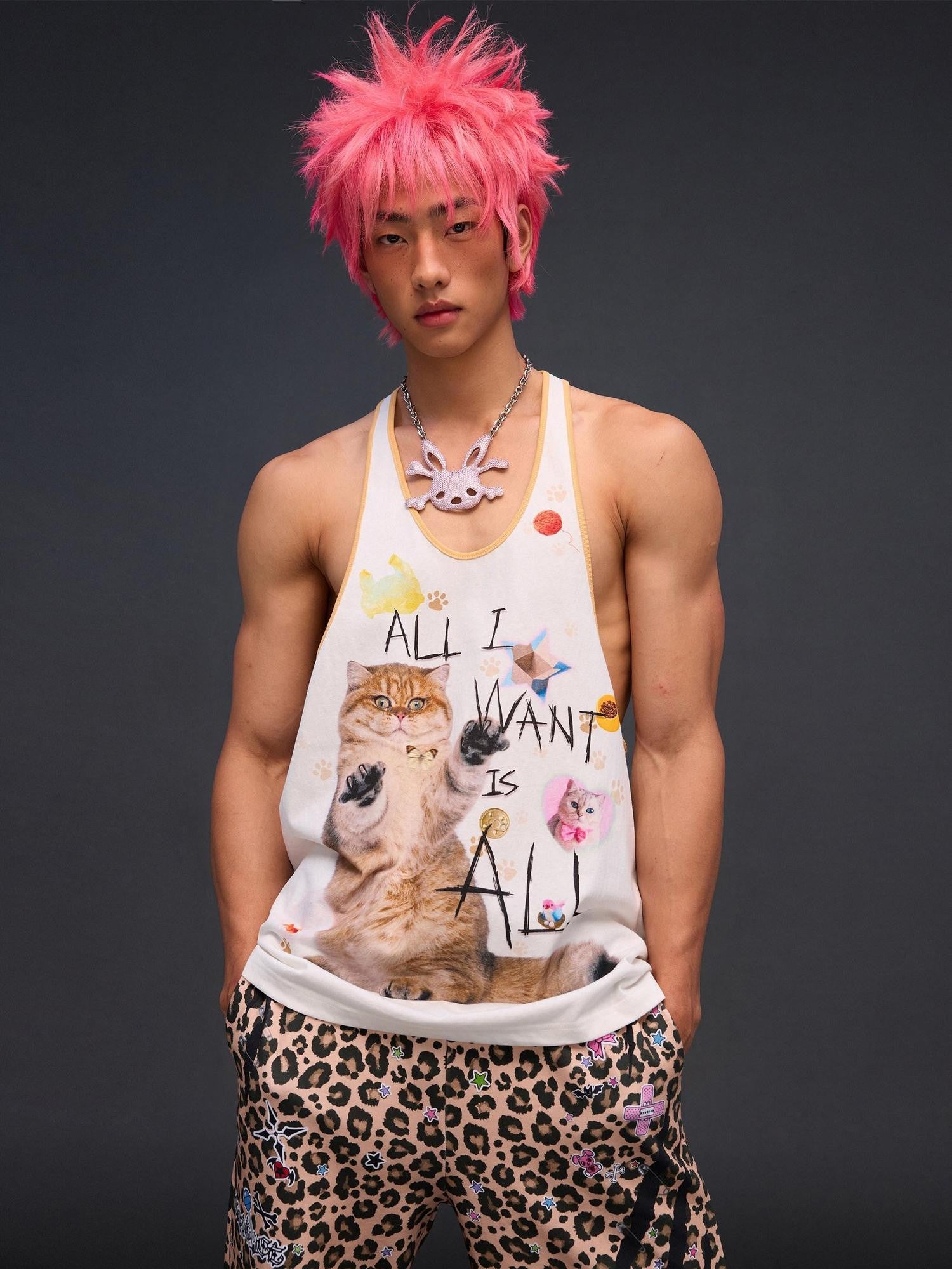 CFIERCE Cat Print U Neck H Shape Loose Women&