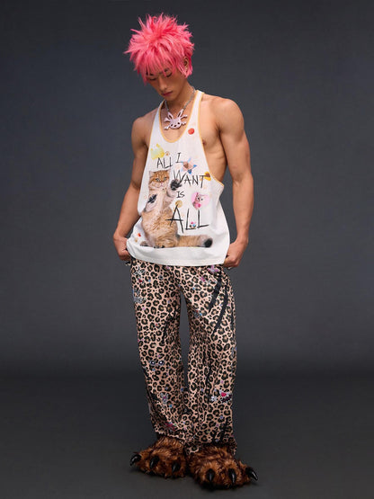 CFIERCE Cat Print U Neck H Shape Loose Women&