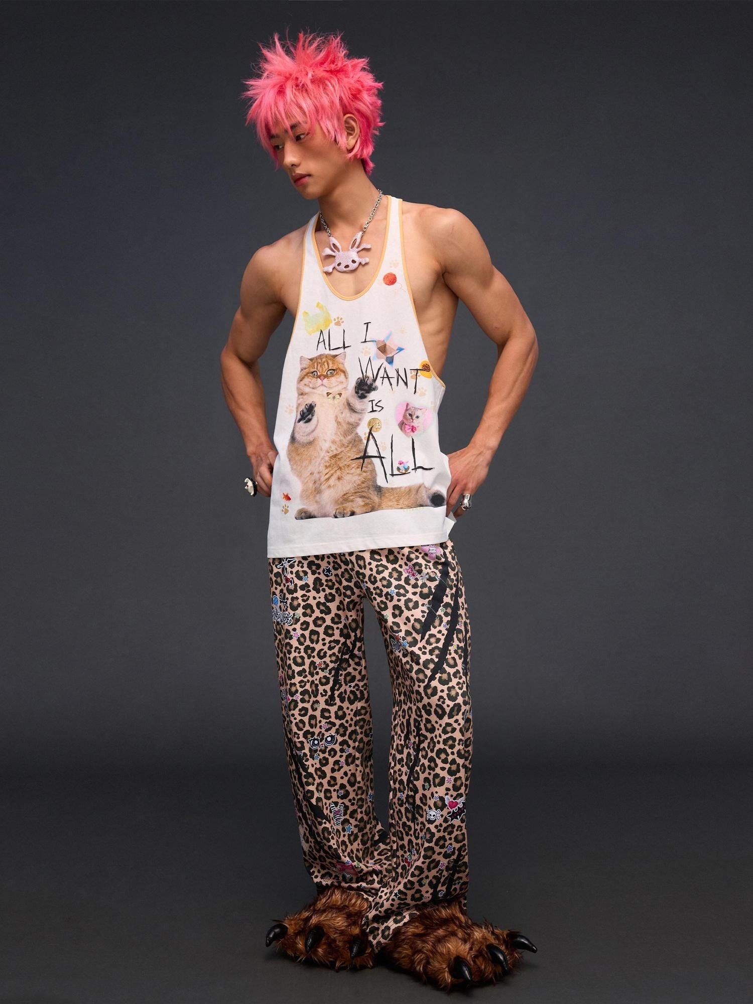 CFIERCE Cat Print U Neck H Shape Loose Women&