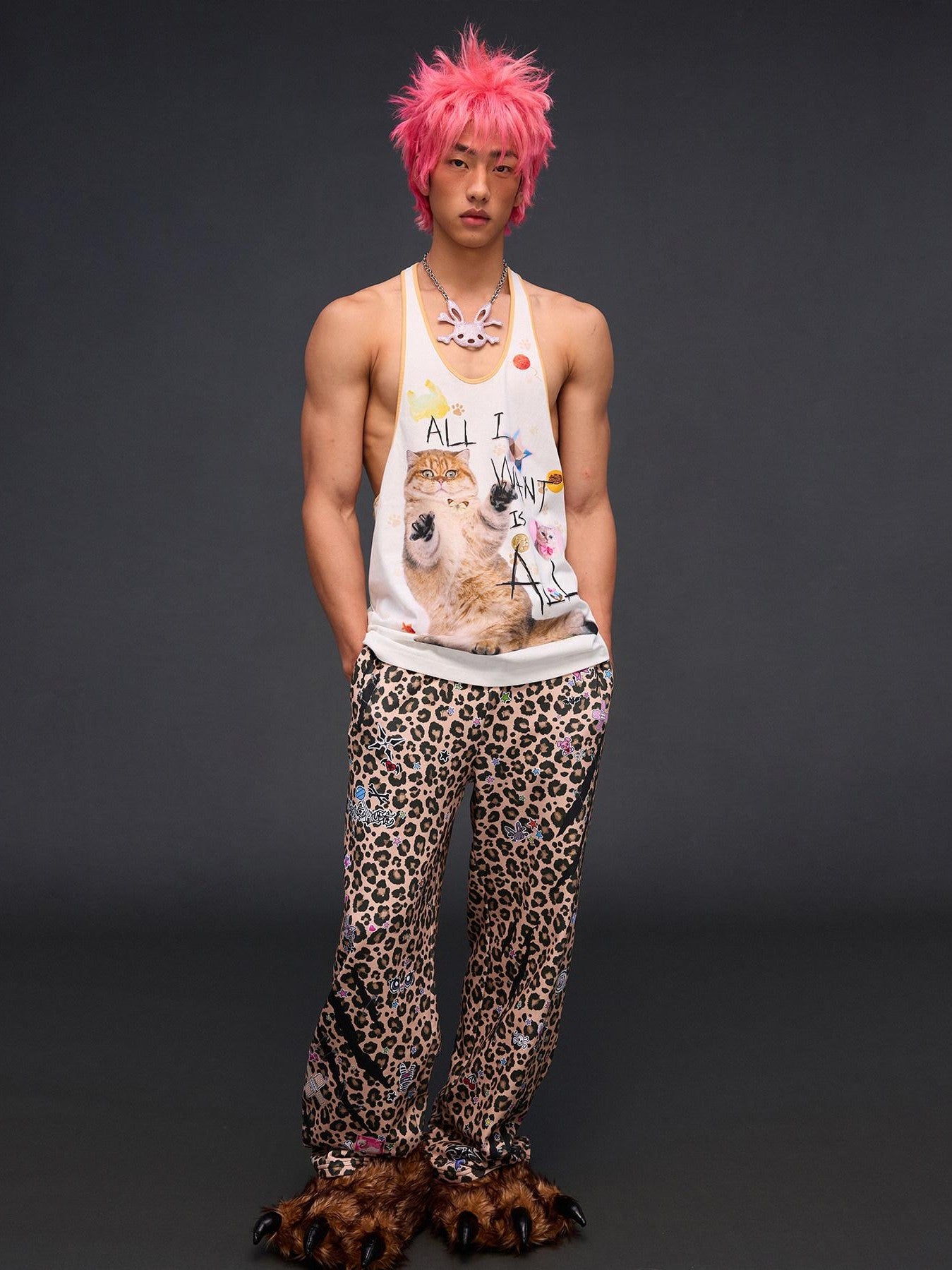 CFIERCE Cat Print U Neck H Shape Loose Women&