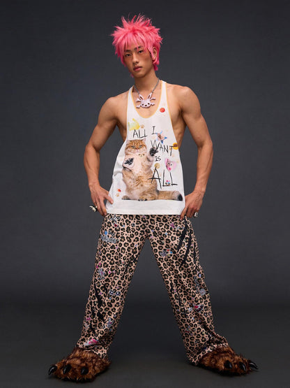 CFIERCE Cat Print U Neck H Shape Loose Women&
