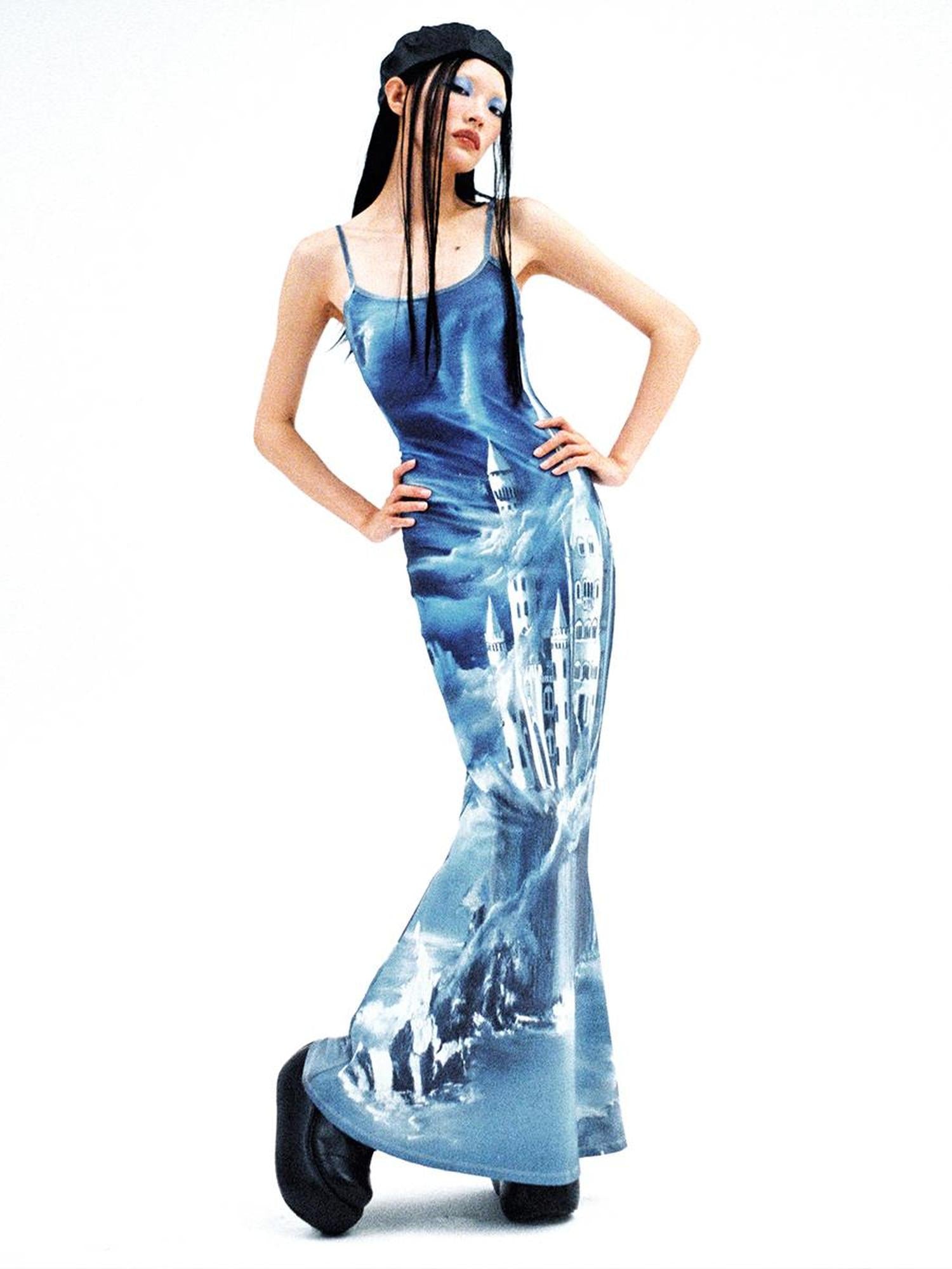 CFIERCE Coastal Castle Floral Print Slip Mermaid Maxi Dress