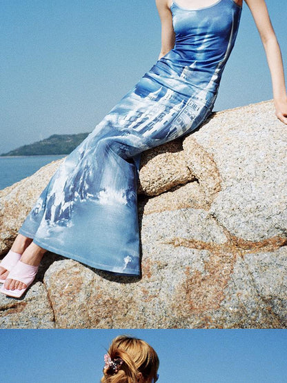 CFIERCE Coastal Castle Floral Print Slip Mermaid Maxi Dress