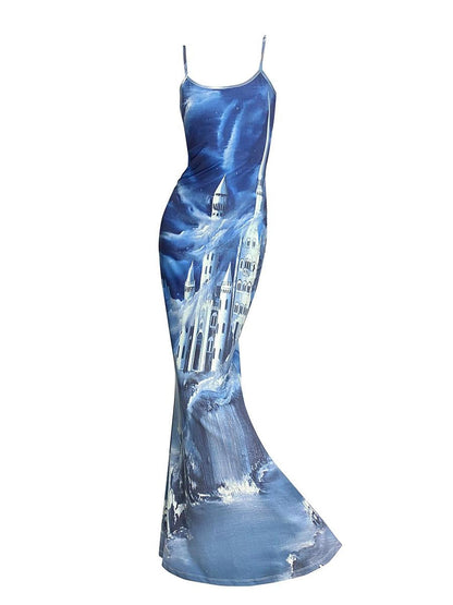 CFIERCE Coastal Castle Floral Print Slip Mermaid Maxi Dress