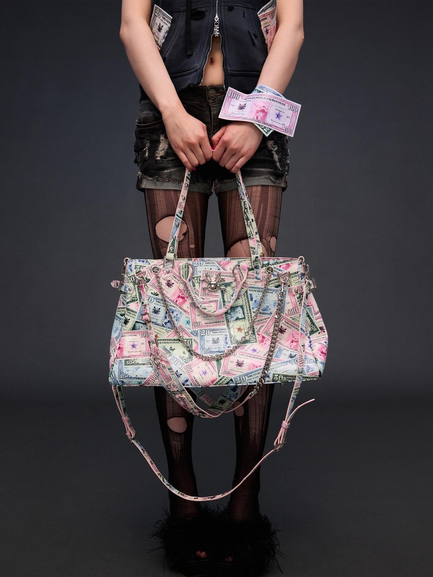 CFIERCE Coin Print Multi Strap Decorative Top Handle Women&