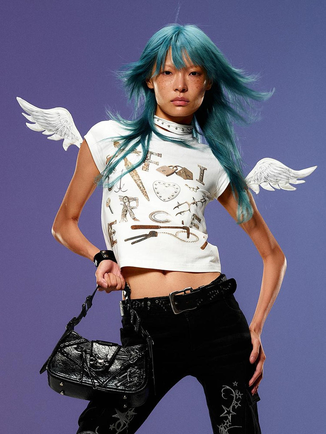 CFIERCE Collar With Angel Wings V-Neck T-Shirt Long-Sleeve