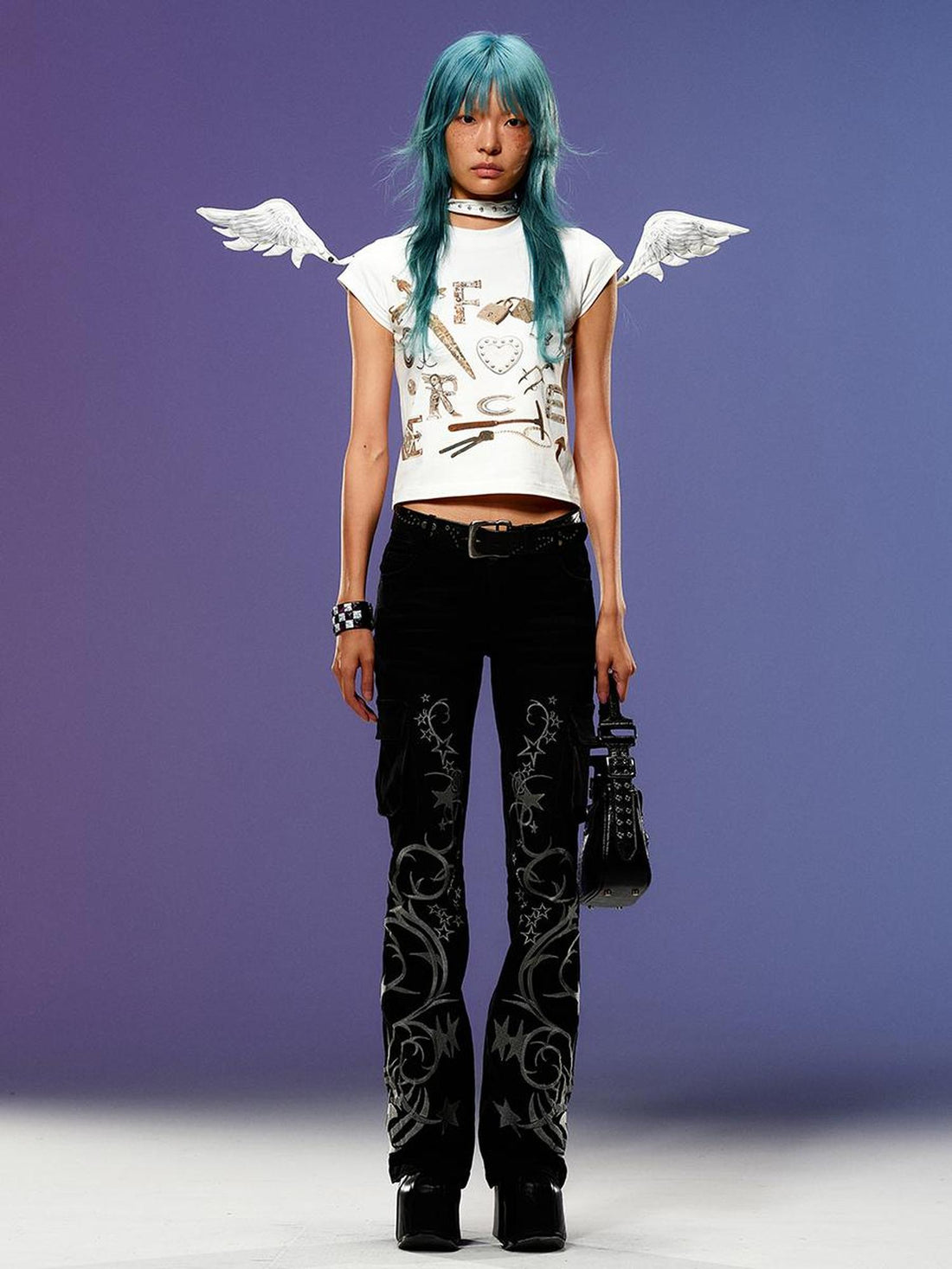 CFIERCE Collar With Angel Wings V-Neck T-Shirt Long-Sleeve