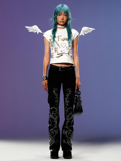 CFIERCE Collar With Angel Wings V-Neck T-Shirt Long-Sleeve