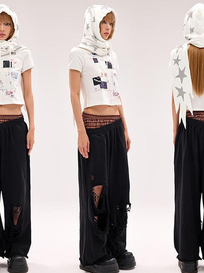 CFIERCE Cotton Low Elasticity Hole Detail Sweatpants