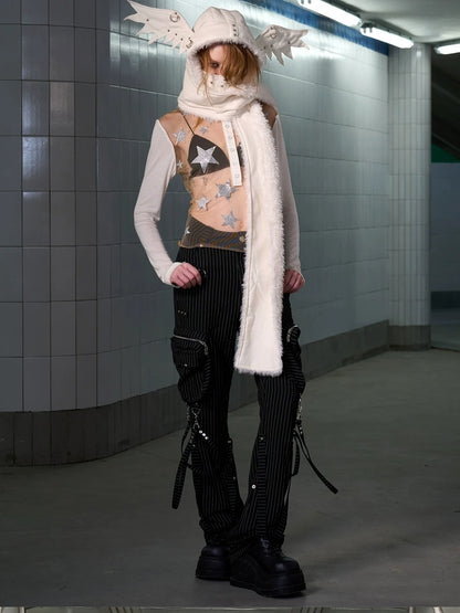 CFIERCE Cozy Warm Korean Style Rectangular Polyester Unisex Geometric Black White Scarf