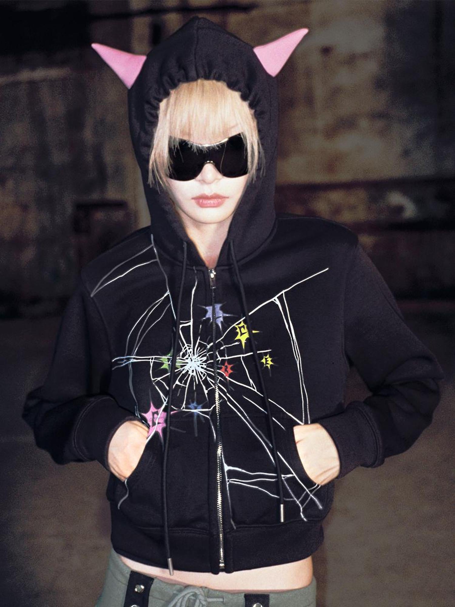 CFIERCE Cracked Print Sharp Angle Cropped Hooded Jacket