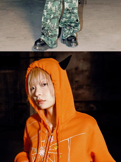 CFIERCE Cracked Print Sharp Angle Cropped Hooded Jacket