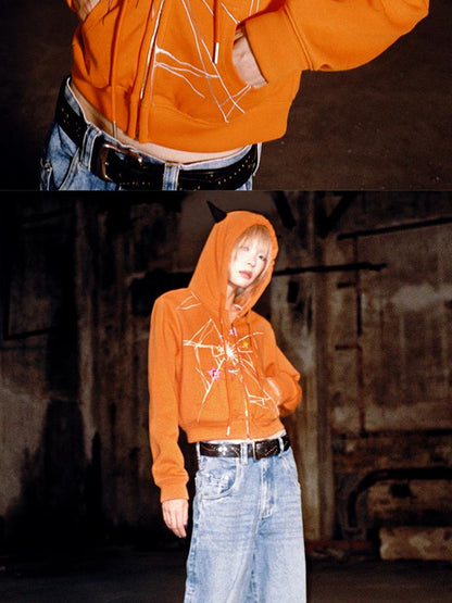 CFIERCE Cracked Print Sharp Angle Cropped Hooded Jacket