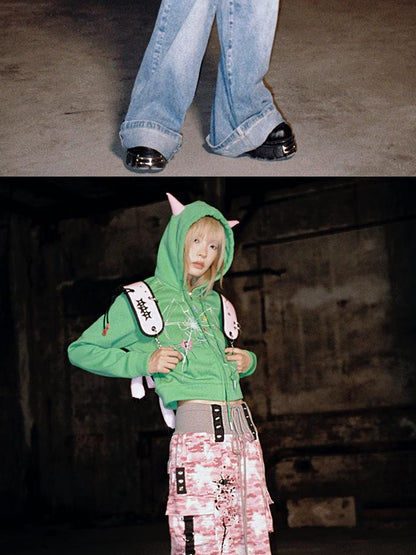 CFIERCE Cracked Print Sharp Angle Cropped Hooded Jacket