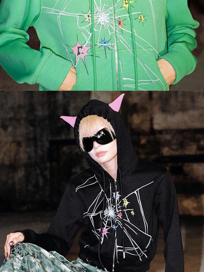 CFIERCE Cracked Print Sharp Angle Cropped Hooded Jacket
