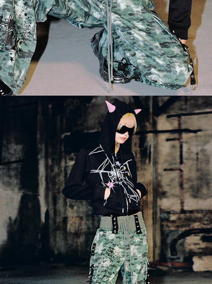 CFIERCE Cracked Print Sharp Angle Cropped Hooded Jacket