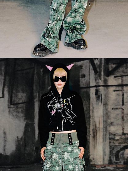 CFIERCE Cracked Print Sharp Angle Cropped Hooded Jacket