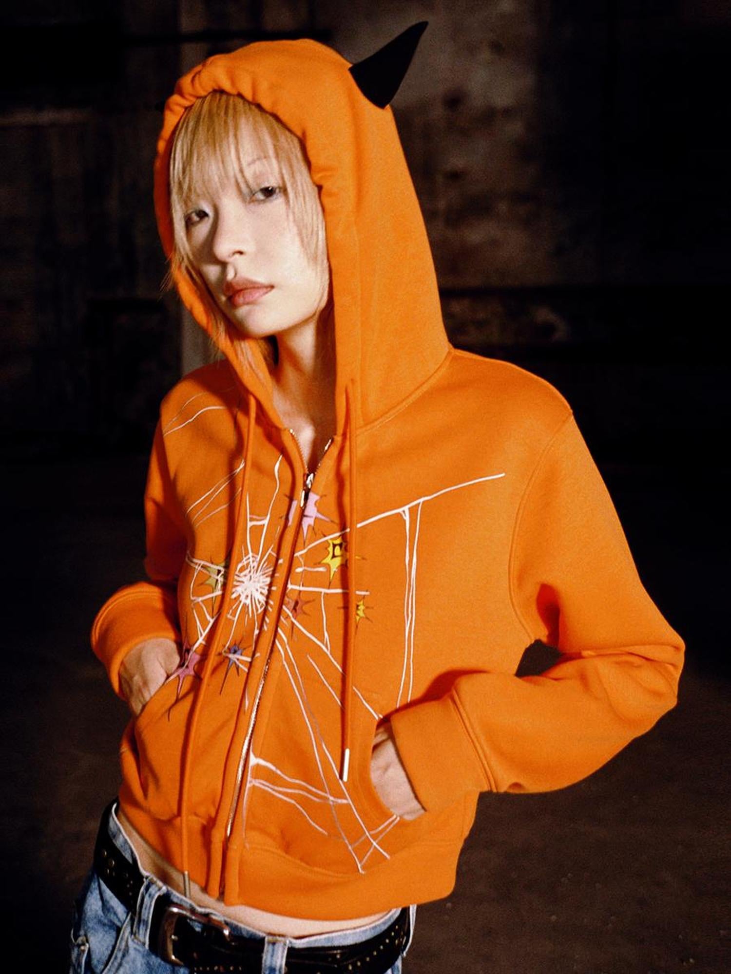 CFIERCE Cracked Print Sharp Angle Cropped Hooded Jacket