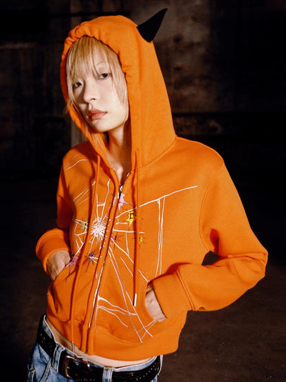 CFIERCE Cracked Print Sharp Angle Cropped Hooded Jacket