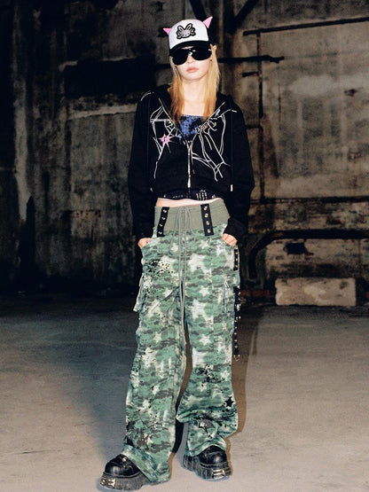 CFIERCE Cracked Print Sharp Angle Cropped Hooded Jacket