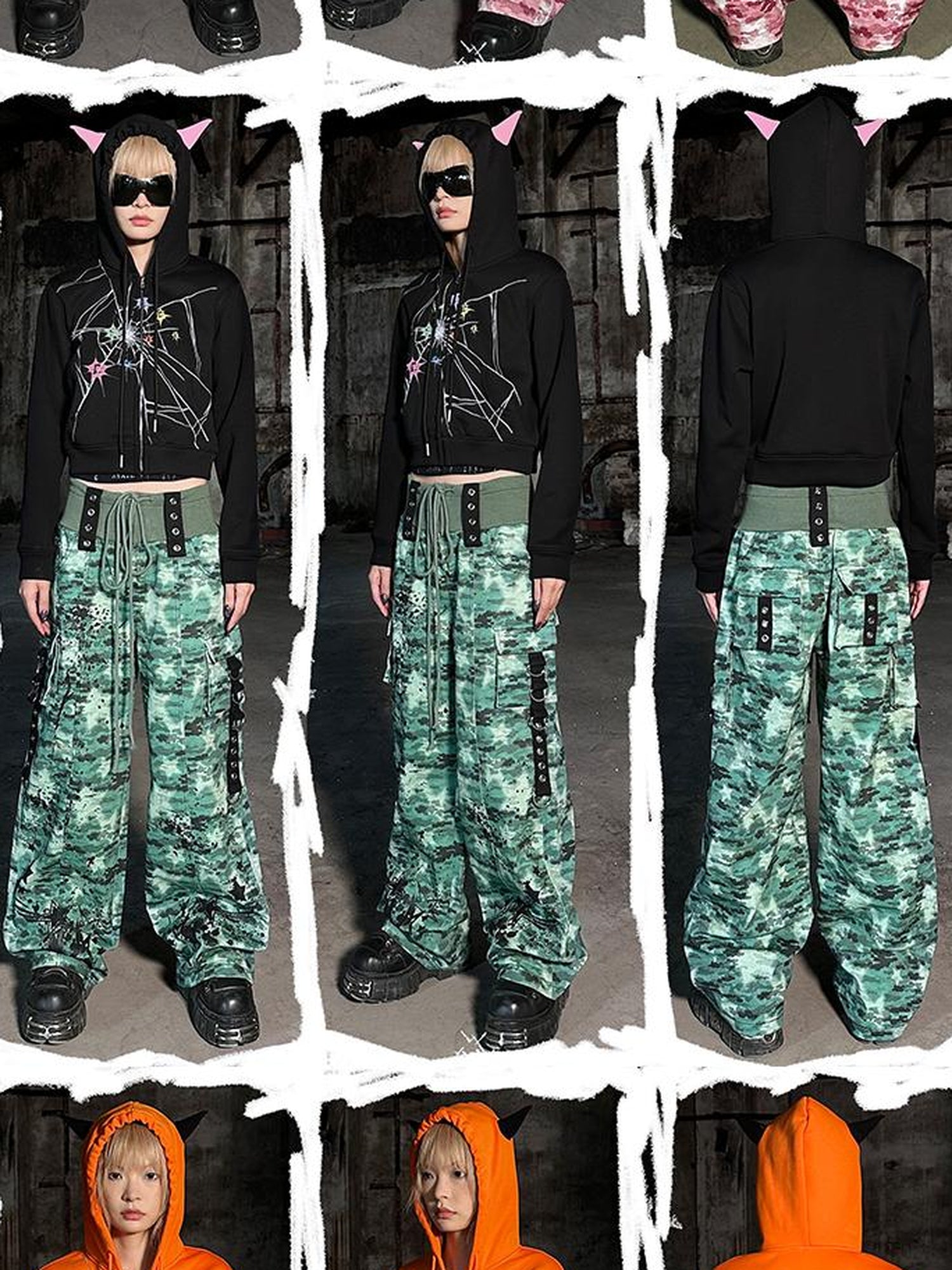 CFIERCE Cracked Print Sharp Angle Cropped Hooded Jacket