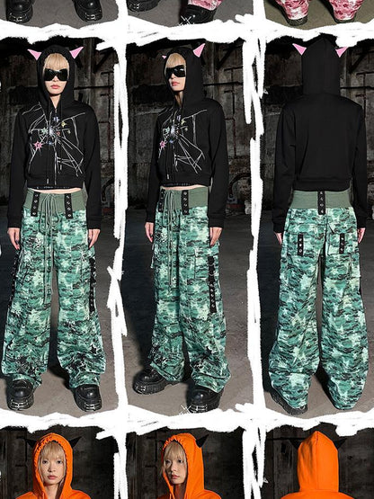 CFIERCE Cracked Print Sharp Angle Cropped Hooded Jacket