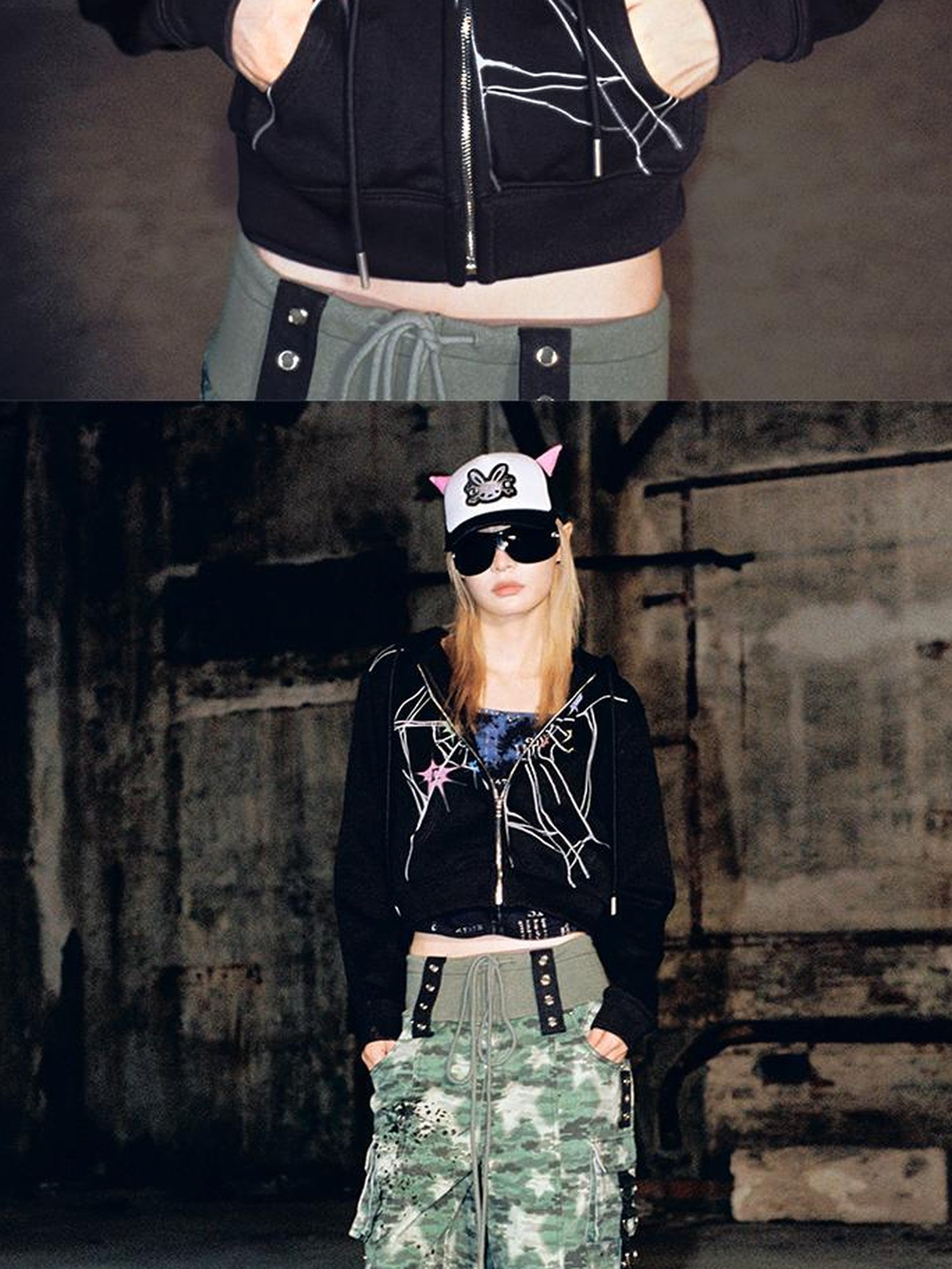 CFIERCE Cracked Print Sharp Angle Cropped Hooded Jacket