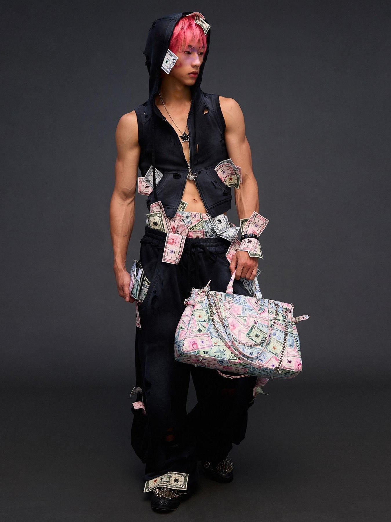 CFIERCE Cropped Distressed Ripped Money Print Zip Front Women&