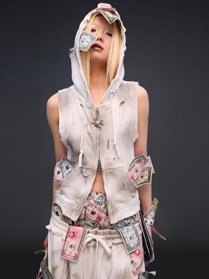 CFIERCE Cropped Distressed Ripped Money Print Zip Front Women&
