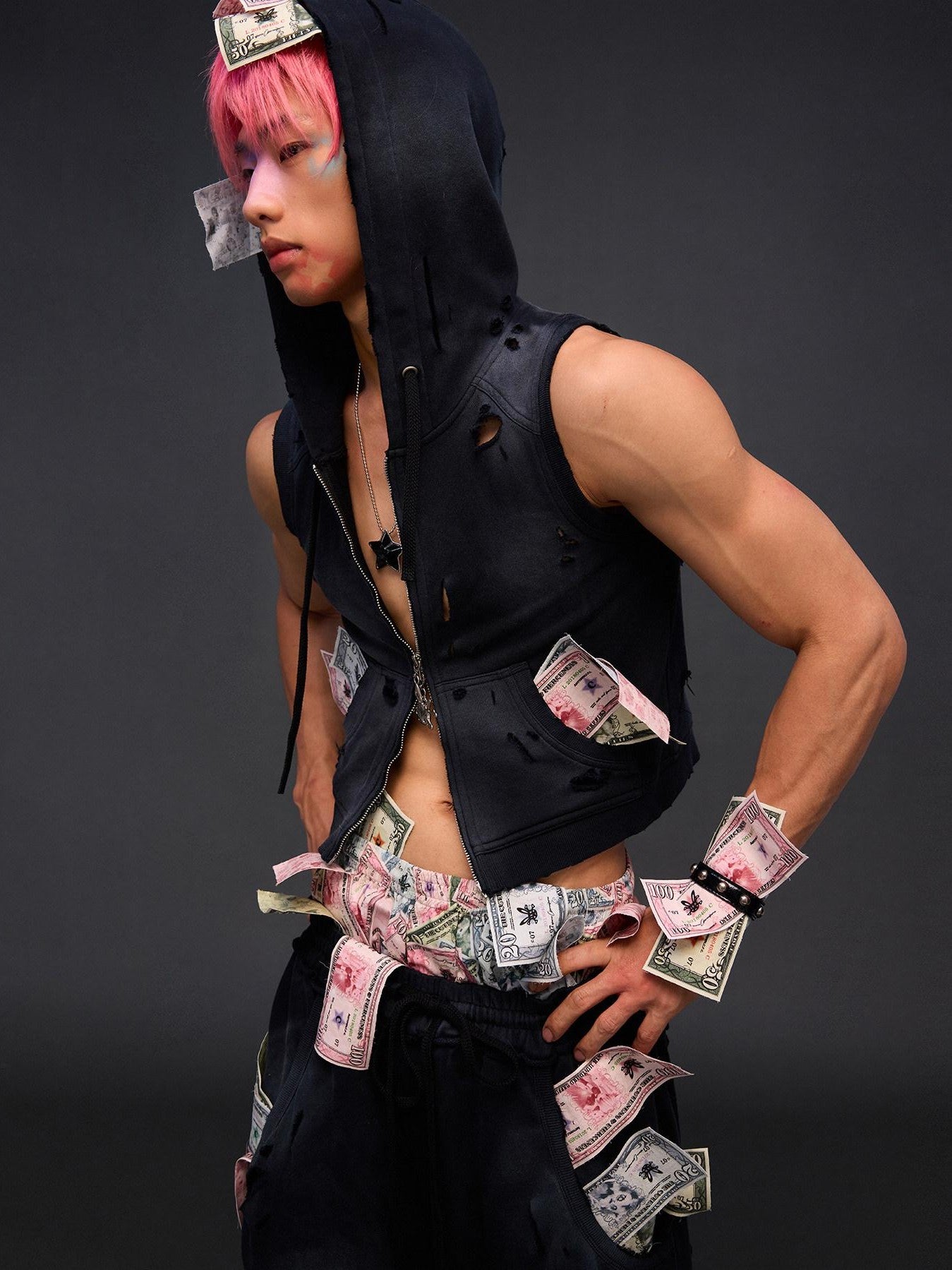 CFIERCE Cropped Distressed Ripped Money Print Zip Front Women&