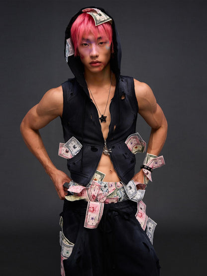 CFIERCE Cropped Distressed Ripped Money Print Zip Front Women&