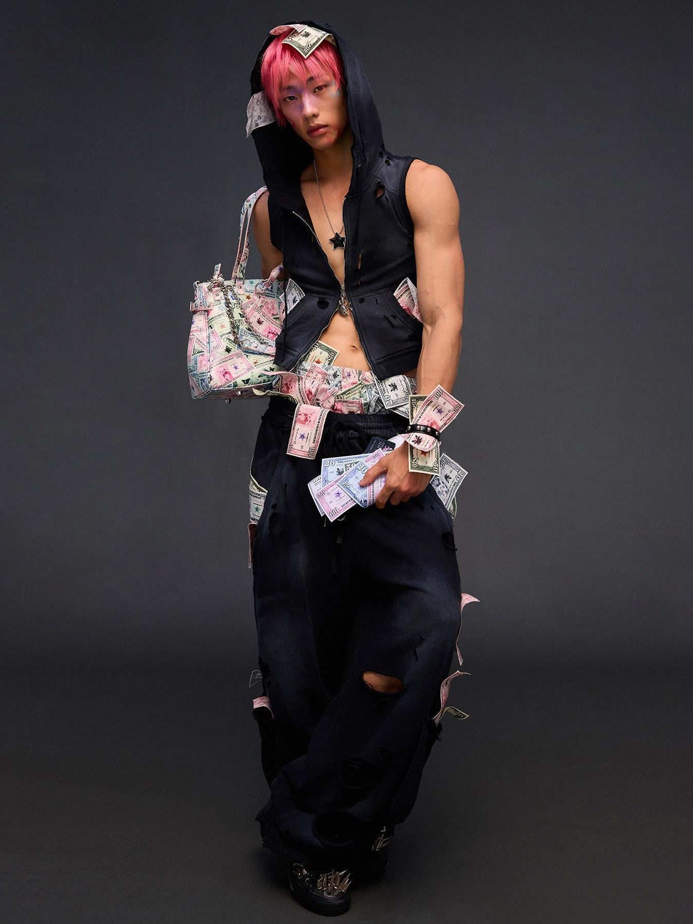 CFIERCE Cropped Distressed Ripped Money Print Zip Front Women&