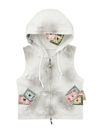 CFIERCE Cropped Distressed Ripped Money Print Zip Front Women&