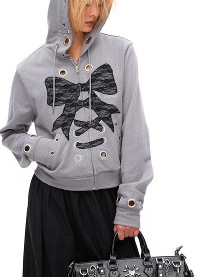 CFIERCE Cropped Lace Bow Stud Distressed Women&