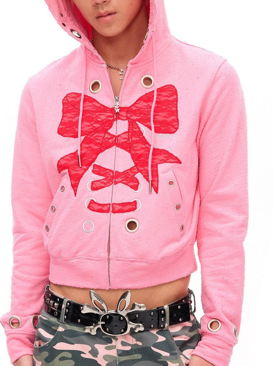 CFIERCE Cropped Lace Bow Stud Distressed Women&