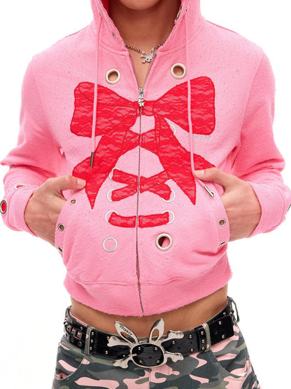 CFIERCE Cropped Lace Bow Stud Distressed Women&