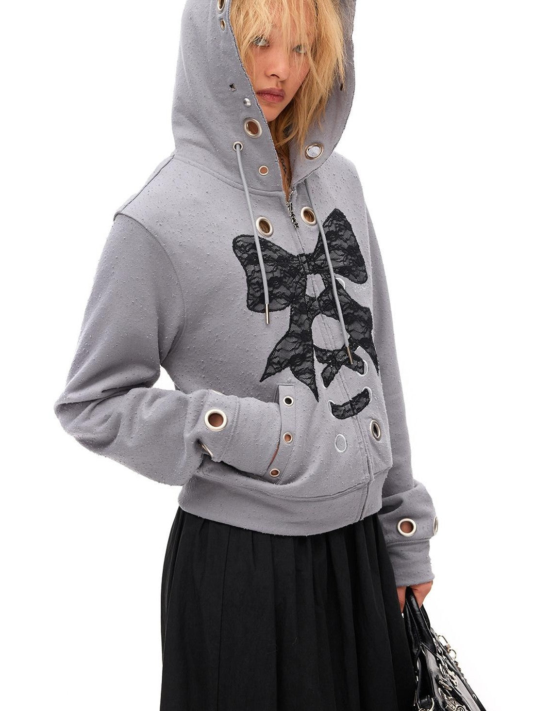CFIERCE Cropped Lace Bow Stud Distressed Women&