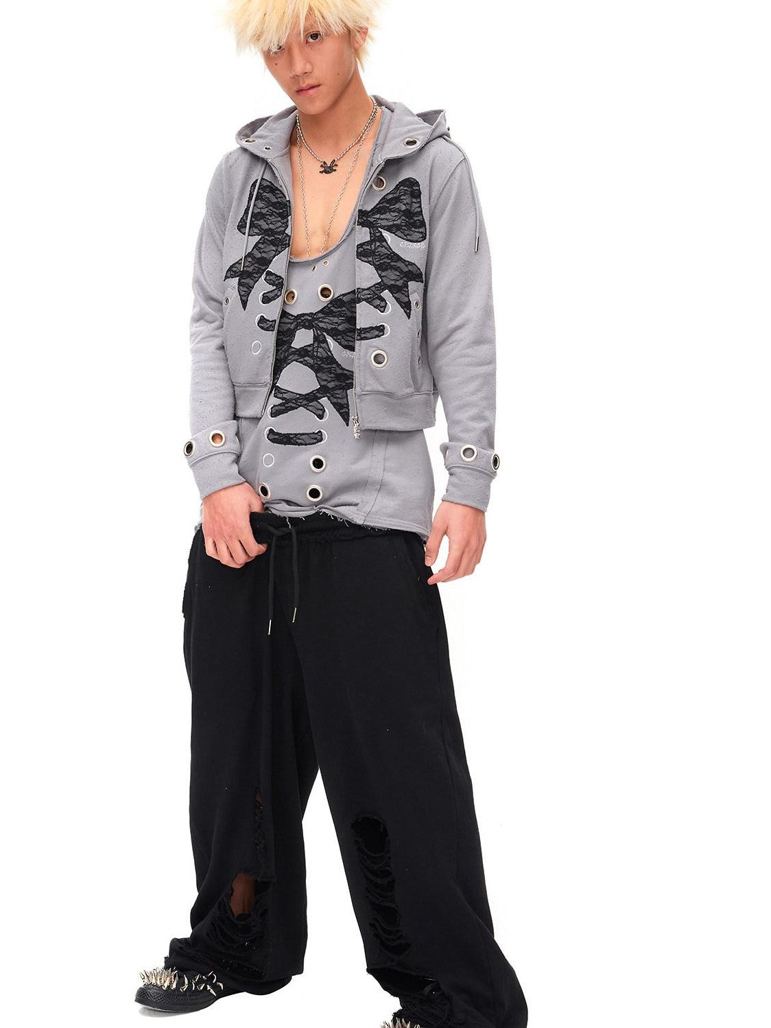 CFIERCE Cropped Lace Bow Stud Distressed Women&
