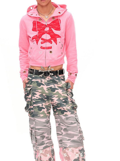 CFIERCE Cropped Lace Bow Stud Distressed Women&