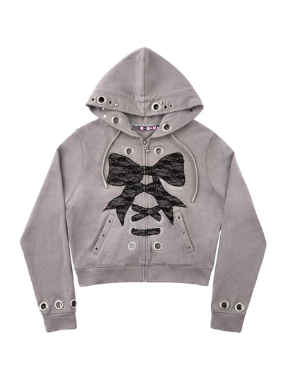 CFIERCE Cropped Lace Bow Stud Distressed Women&