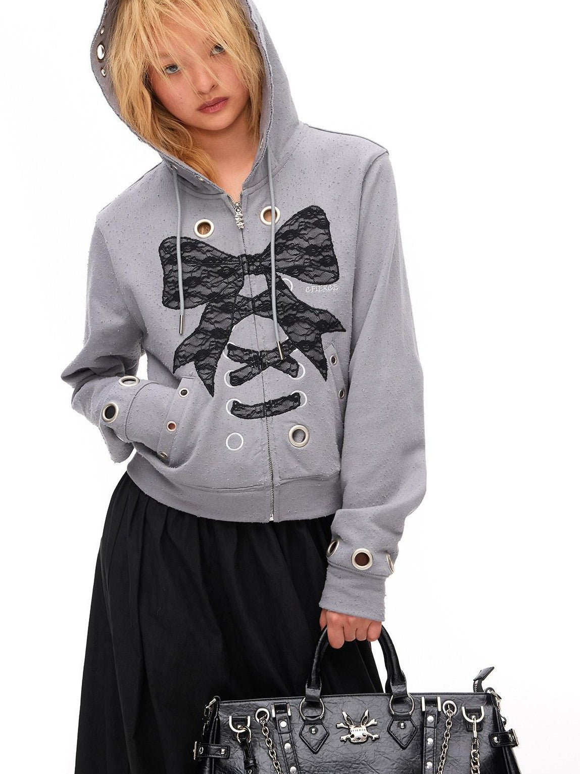 CFIERCE Cropped Lace Bow Stud Distressed Women&