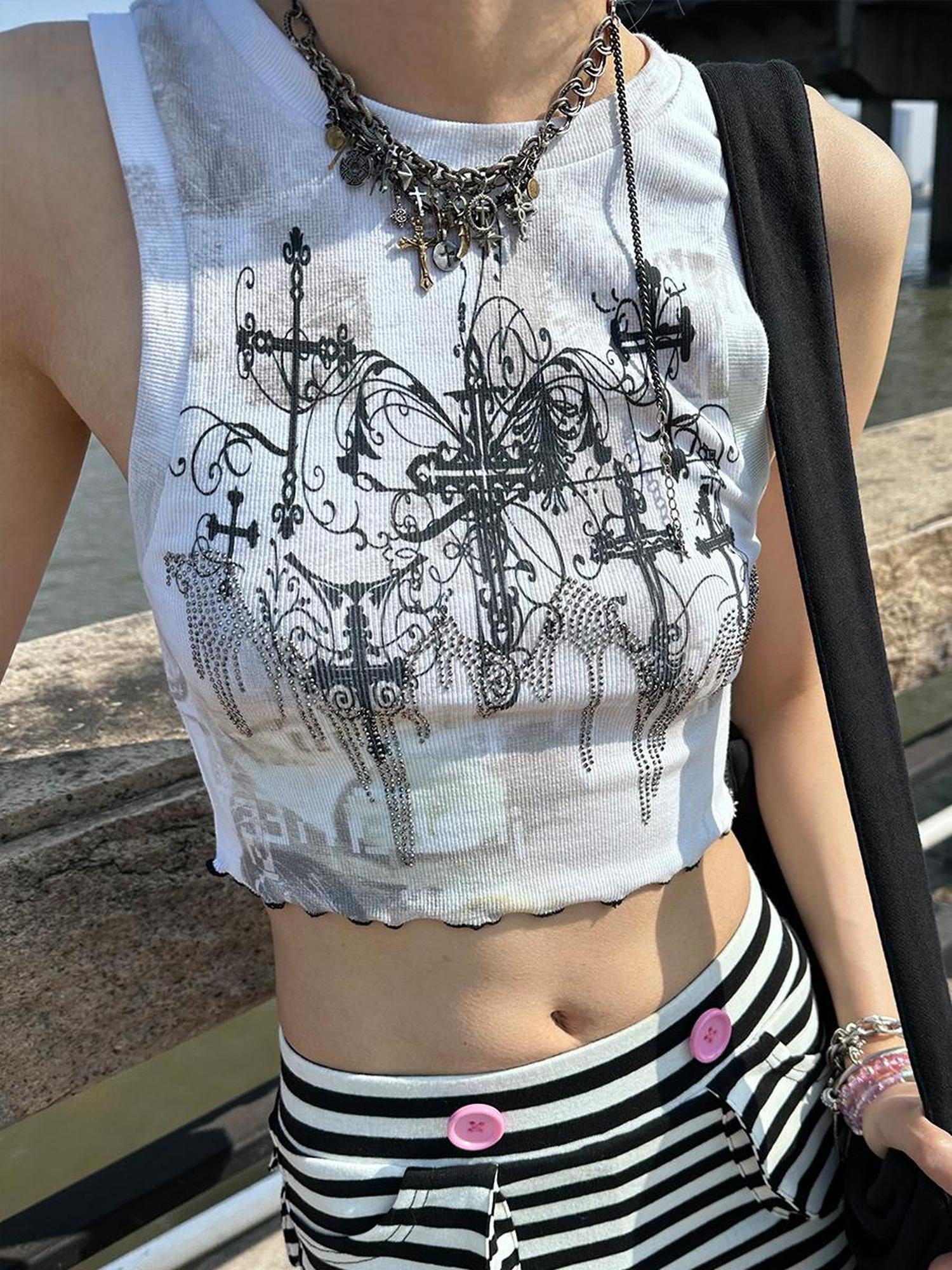 CFIERCE Cross Crystal Print Vest