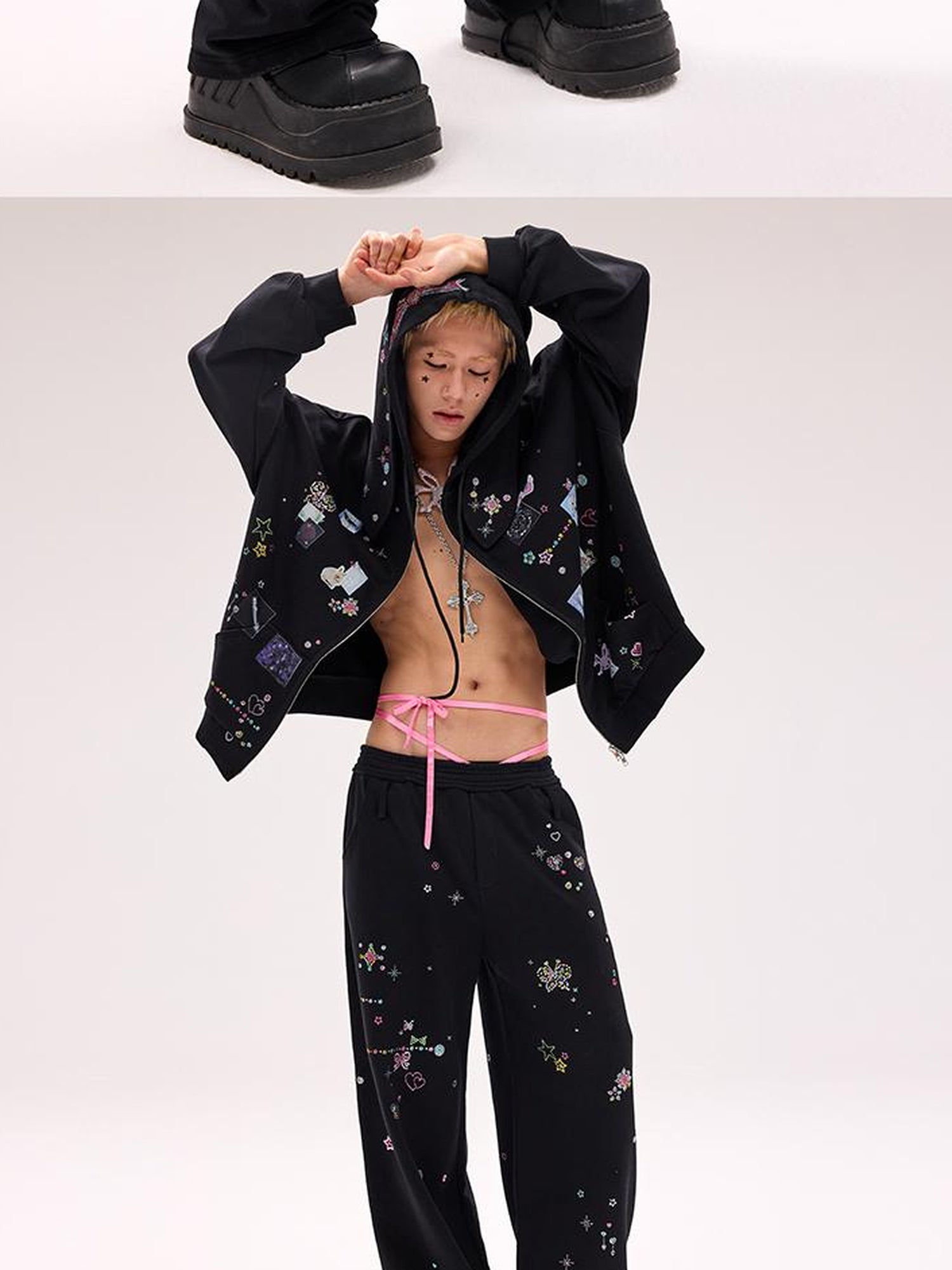 CFIERCE Crystal Embellished Cotton Sweatpants