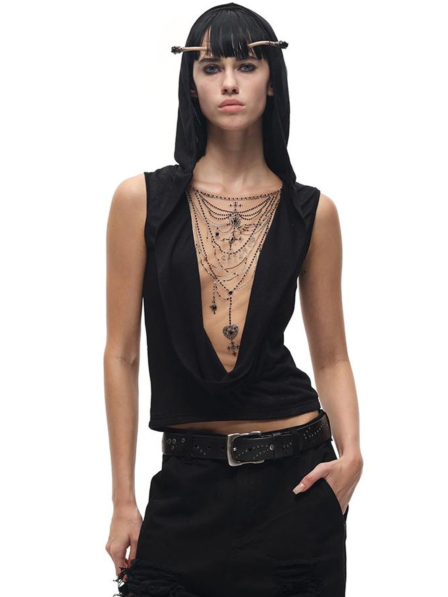 CFIERCE Crystal Embellished Plunge Neck Vest