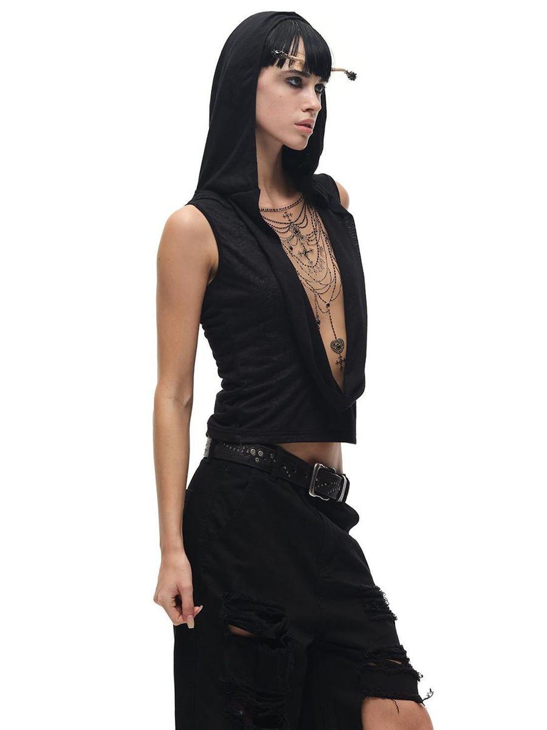 CFIERCE Crystal Embellished Plunge Neck Vest