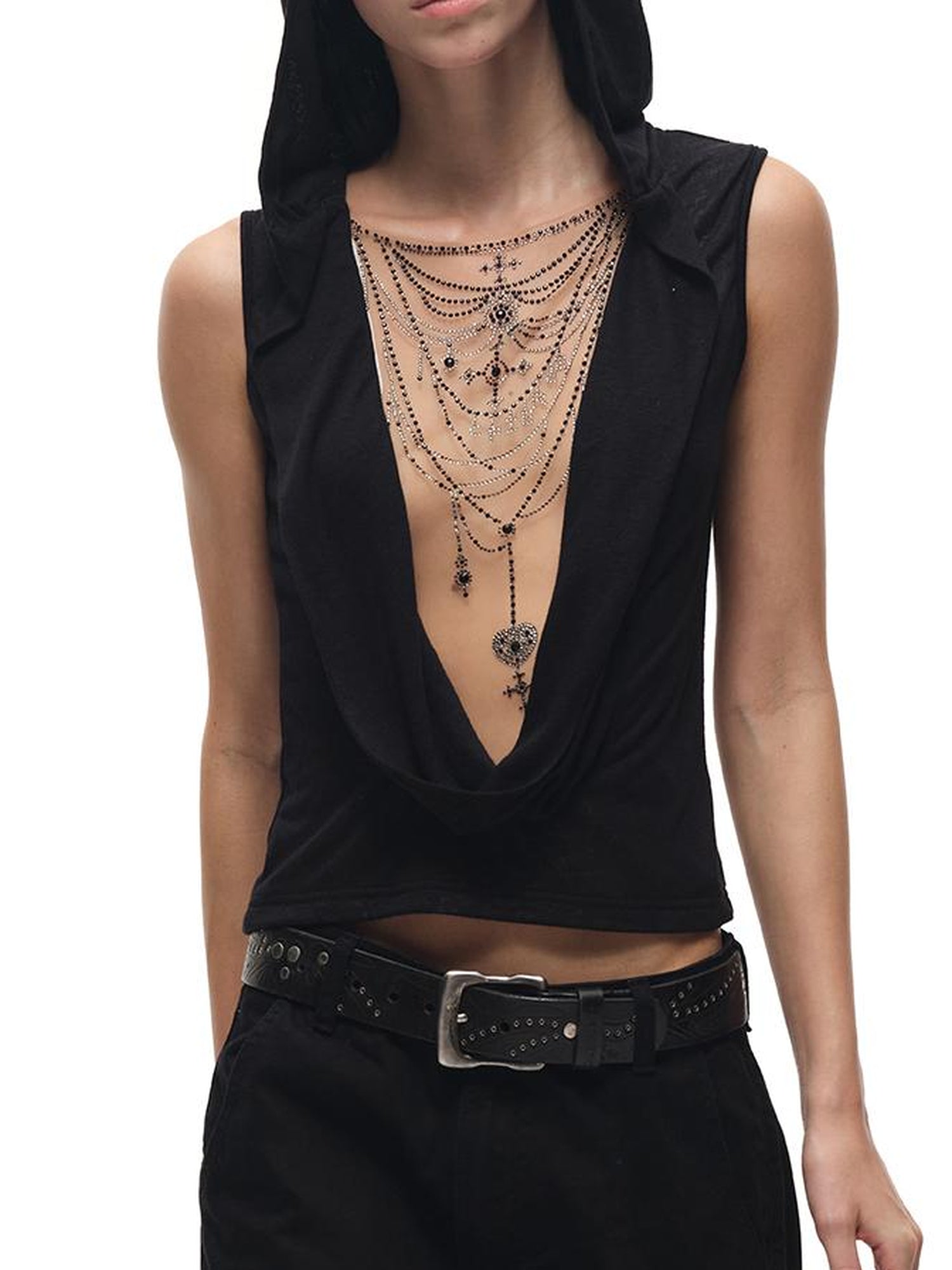 CFIERCE Crystal Embellished Plunge Neck Vest