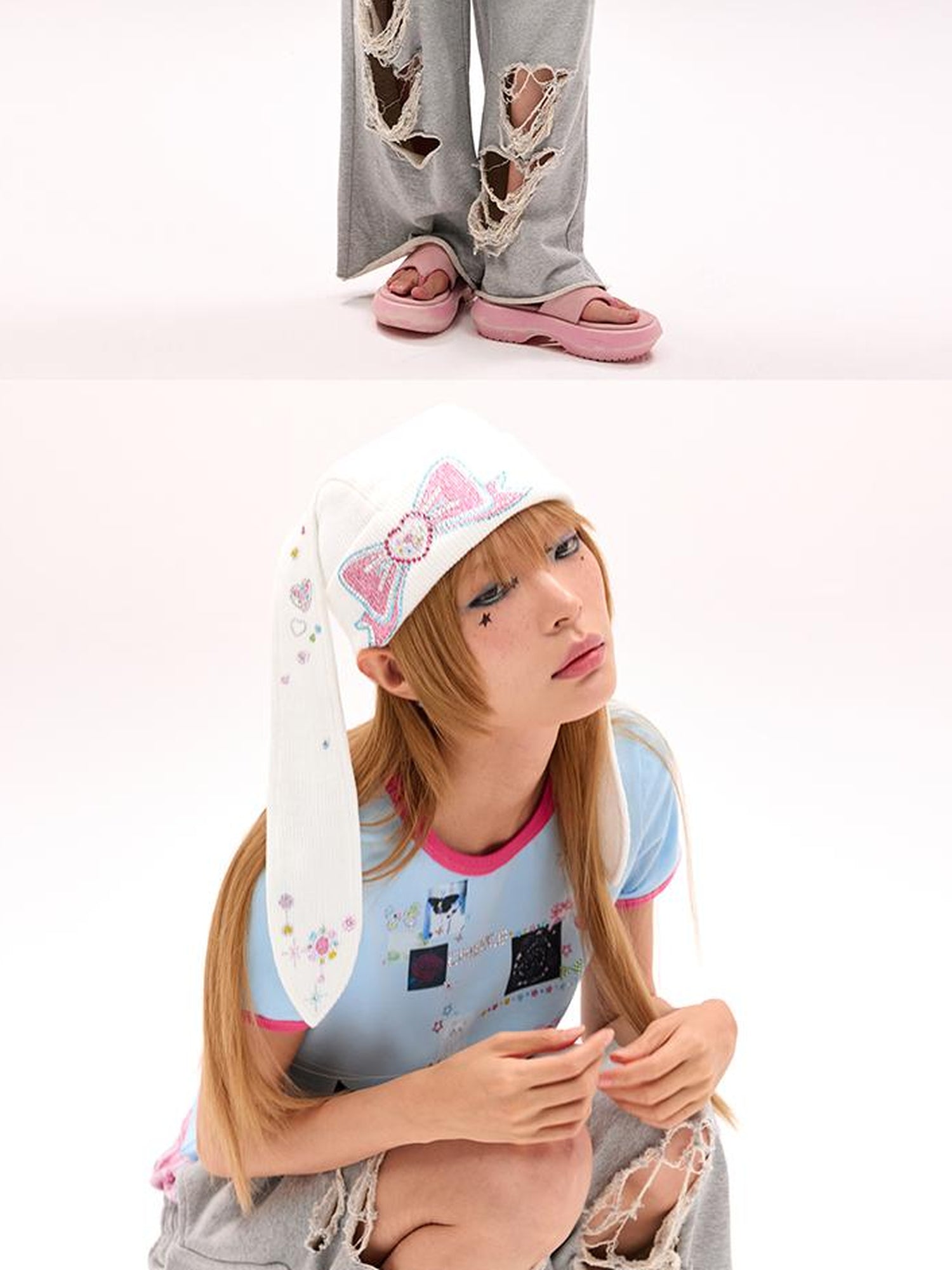 CFIERCE Crystal Studded Rabbit Ear Knit Cap