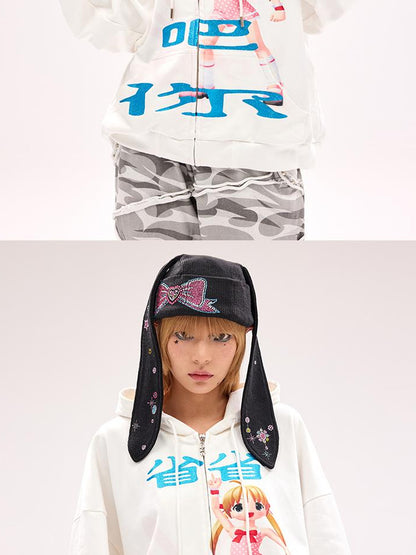 CFIERCE Crystal Studded Rabbit Ear Knit Cap
